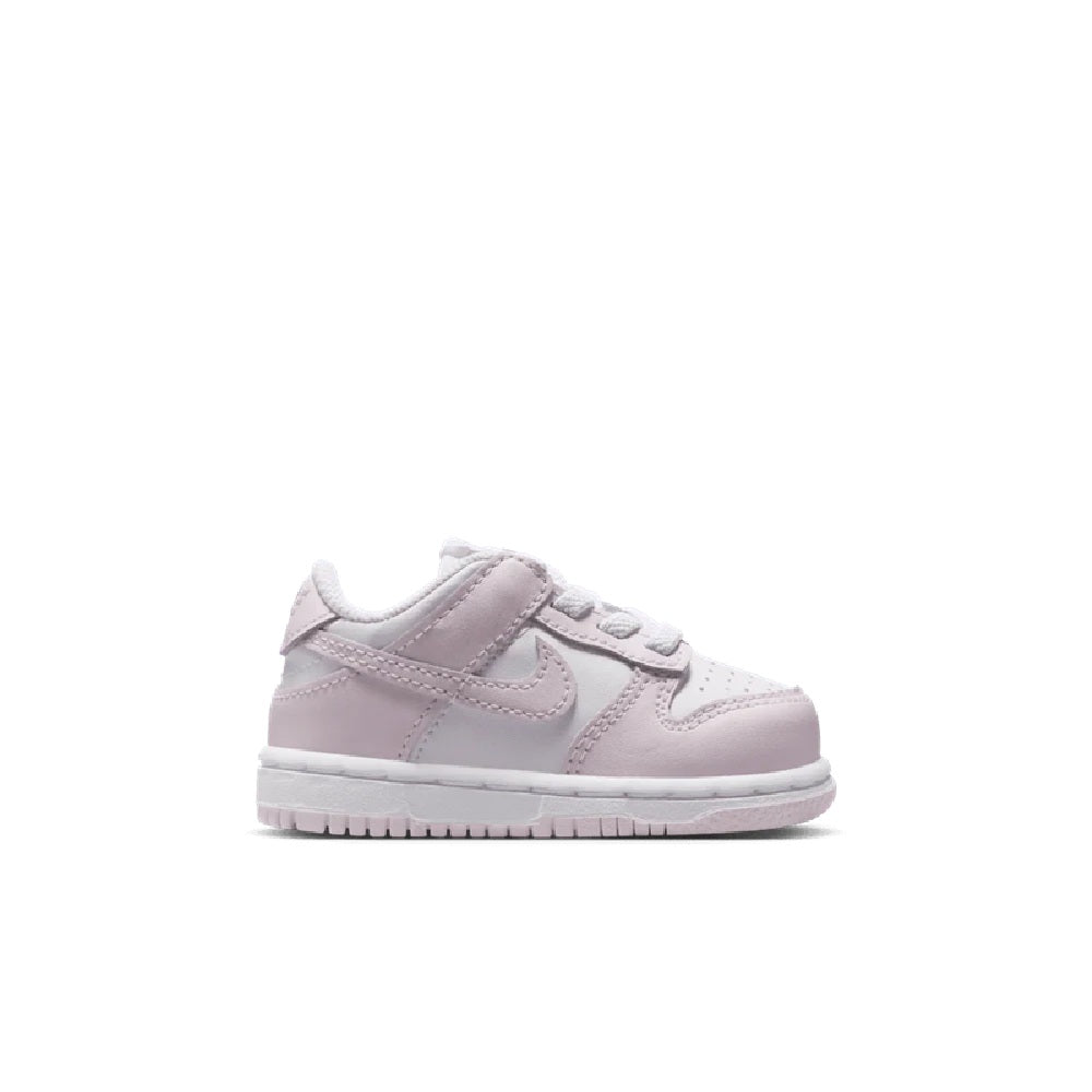 Toddler's Nike Dunk Low shoes, light violet overlays on white, lace-up side view