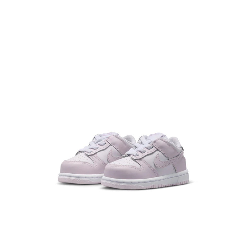 Toddler's Nike Dunk Low shoes, pair view, white leather with light violet details