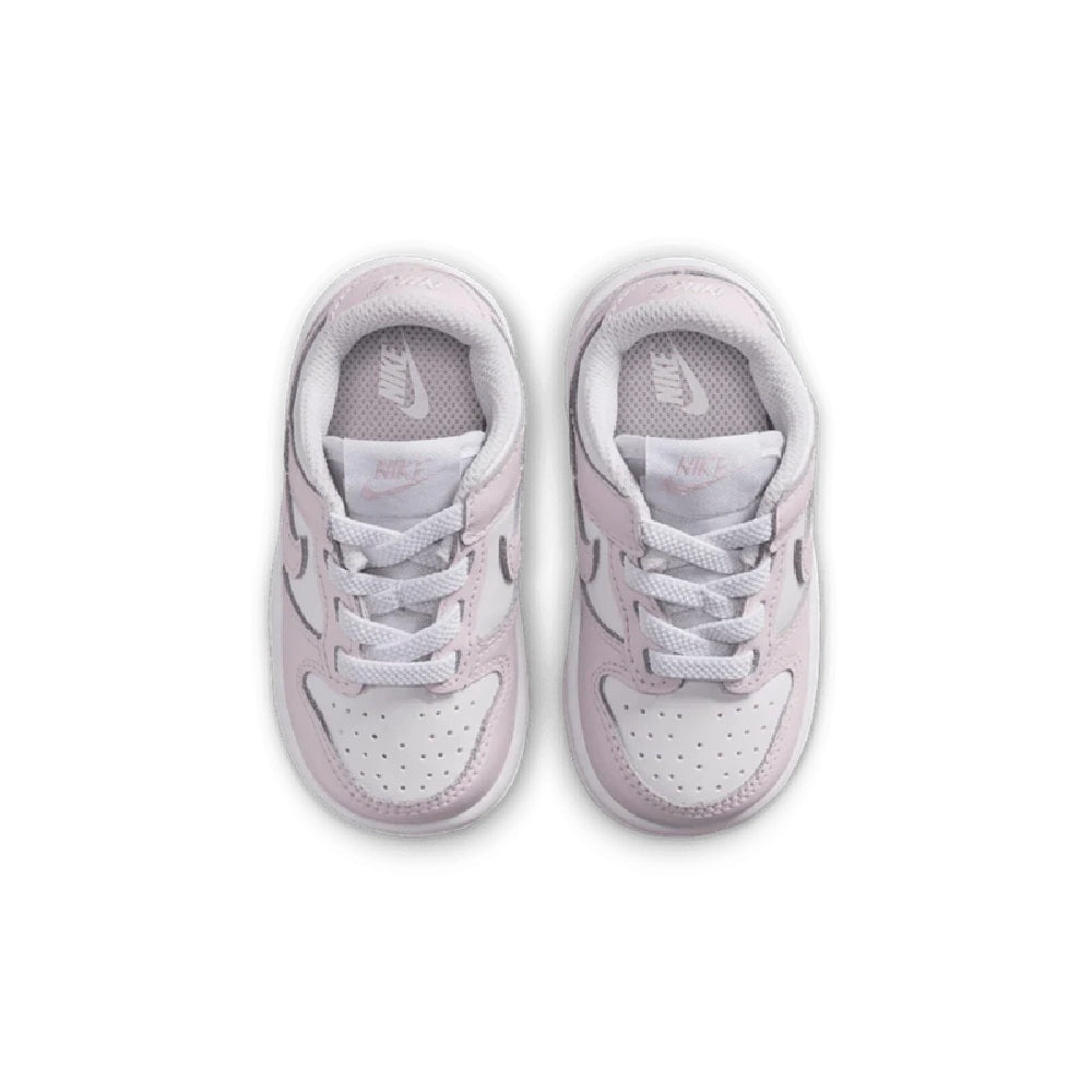 Toddler's Nike Dunk Low shoes, top view of laces, white uppers with light violet trim