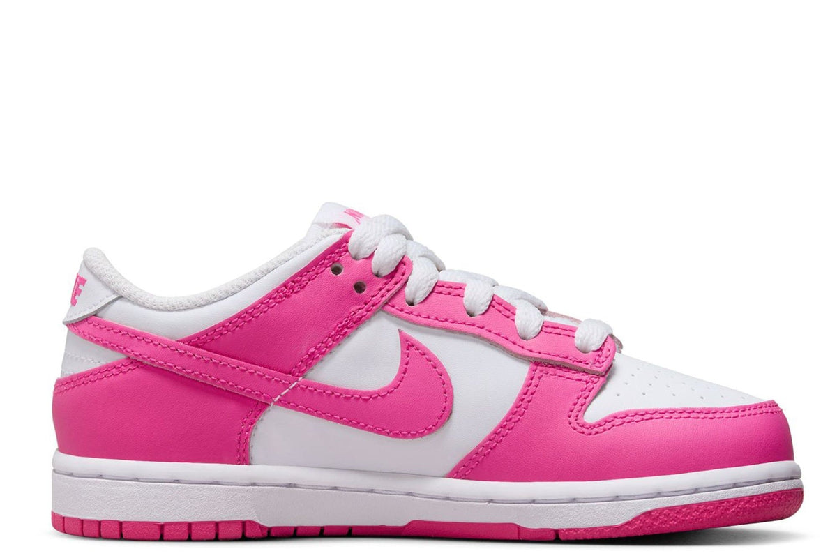 Kids' Nike Dunk Low sneakers, white and laser fuchsia, lace-up with padded collar