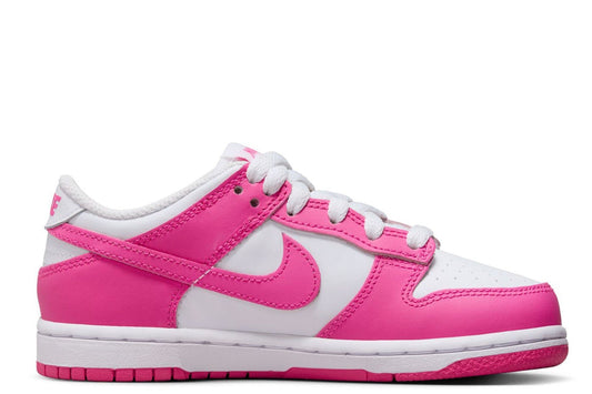 Kids' Nike Dunk Low sneakers, white and laser fuchsia, lace-up with padded collar