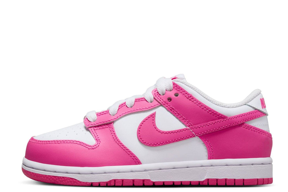 Kids' Nike Dunk Low sneakers, white leather with fuchsia panels and Swoosh side