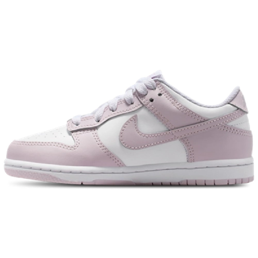 Nike Dunk Low kids sneaker, white base with light violet panels and swoosh