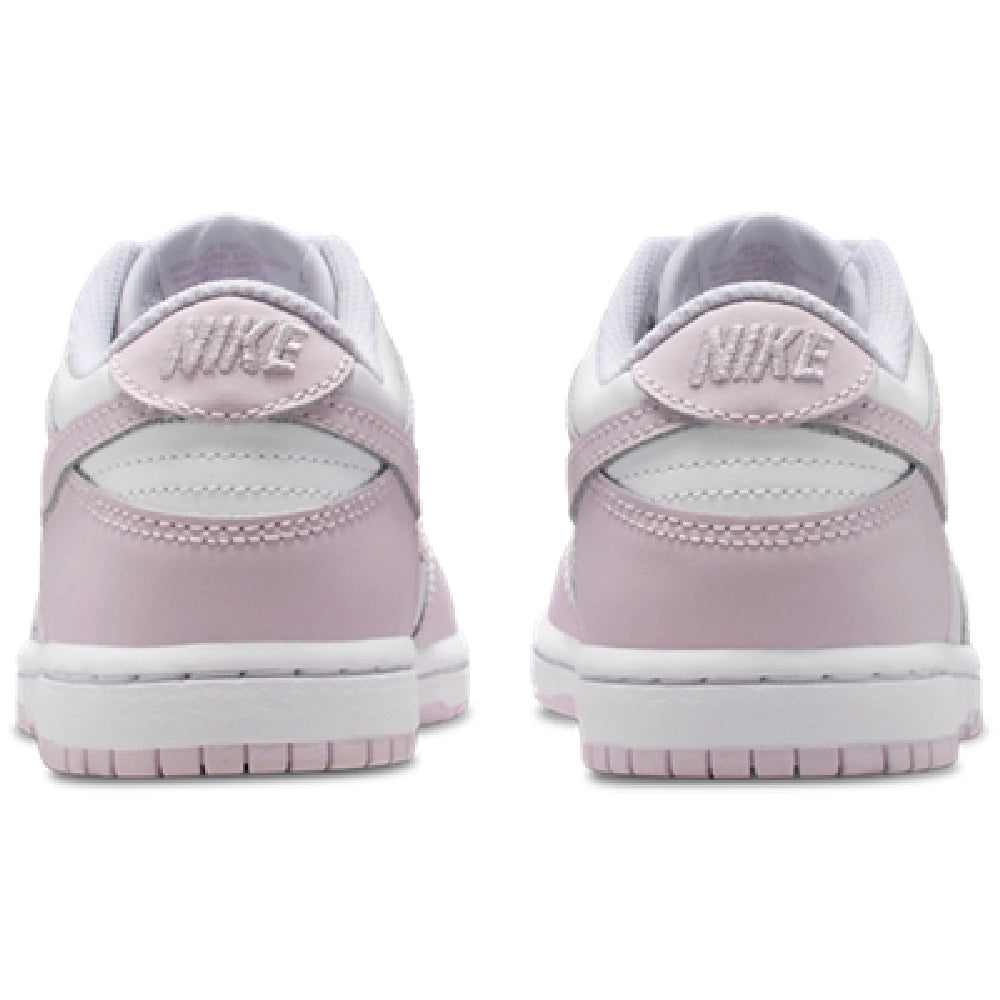 Nike Dunk Low kids sneaker heel view in white and light violet with Nike branding