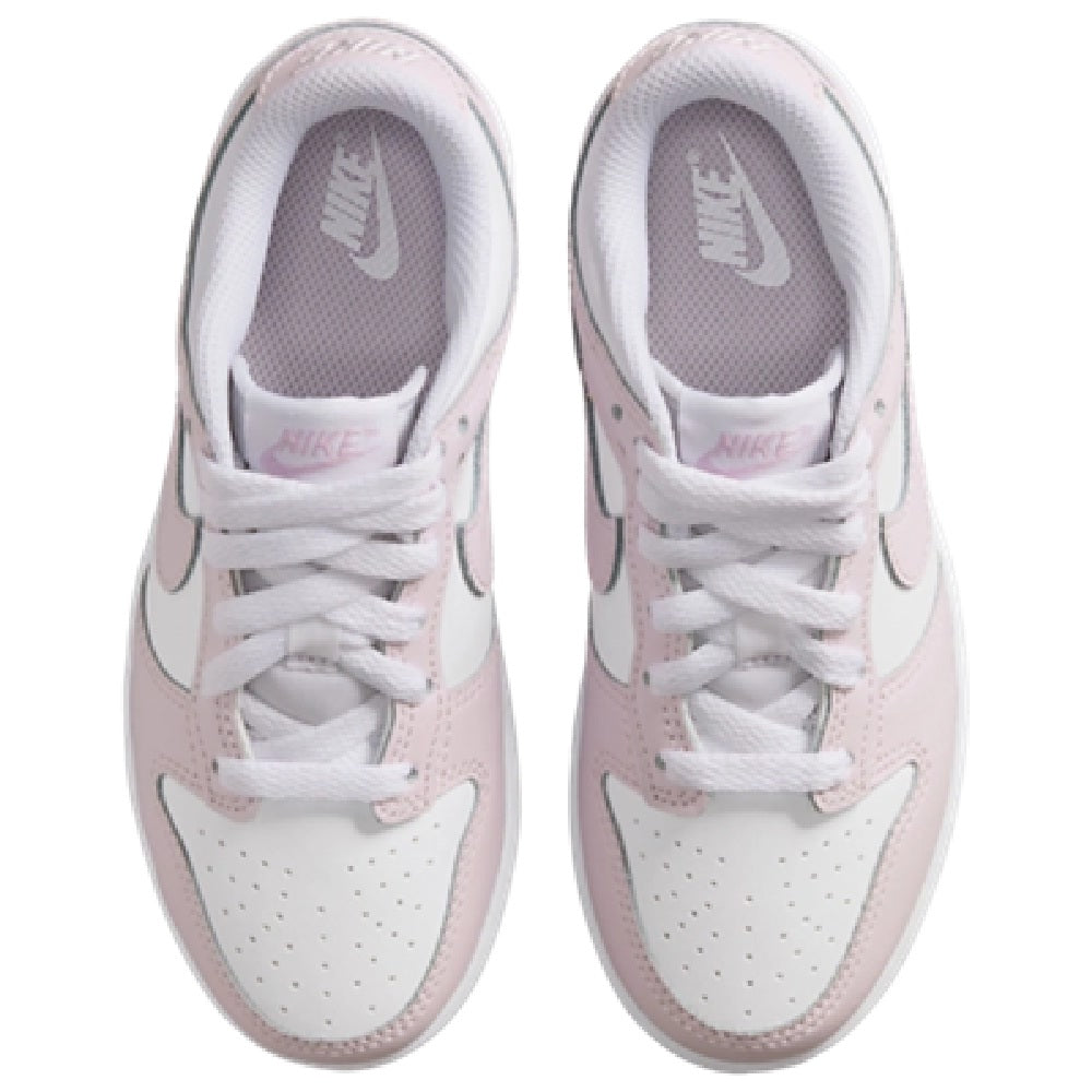 Nike Dunk Low kids sneaker front view with white laces and light violet overlays