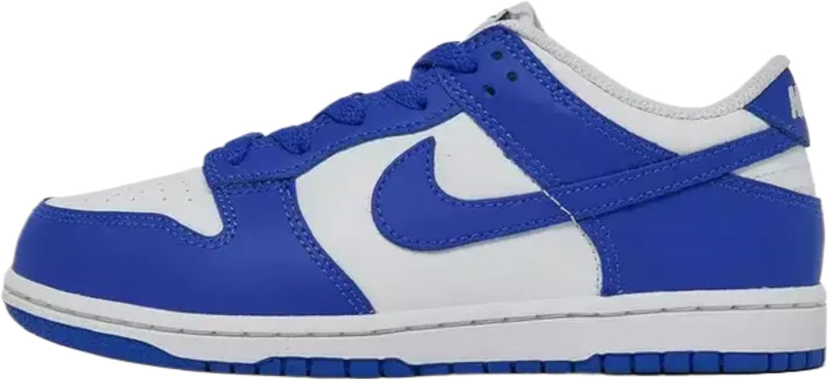 Nike Dunk Low kids sneakers, white with Hyper Royal blue panels and swoosh