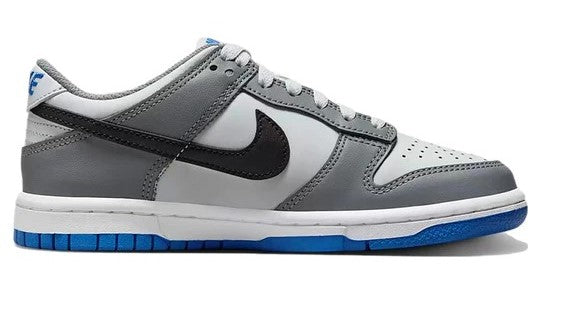 Kids' Nike Dunk Low sneakers with perforated toe, black swoosh, grey/white, blue sole