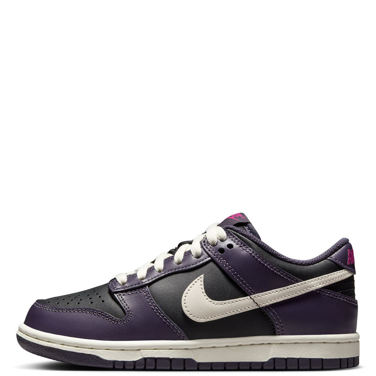 Kids' low-top sneakers in dark purple with pale laces and white Nike swoosh