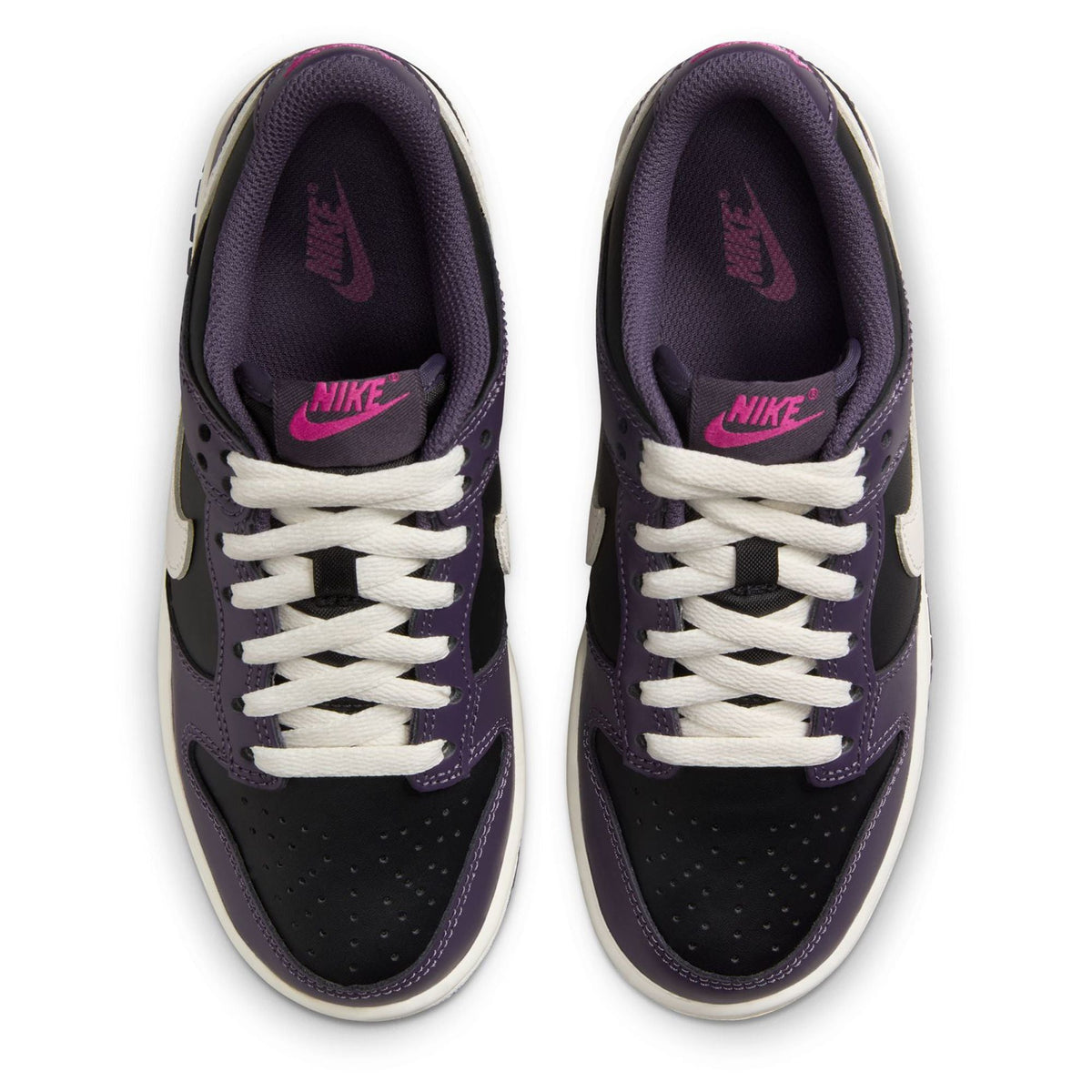 Kids' front view sneakers with white laces, cream swoosh, and Nike logo tongue