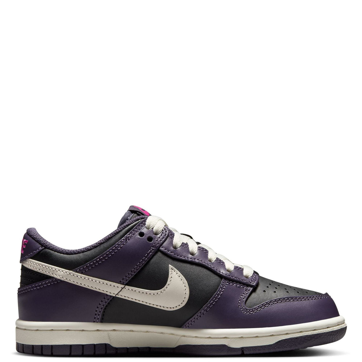 Kids' Dunk Low sneakers, dark purple leather with white swoosh and pale lace trim
