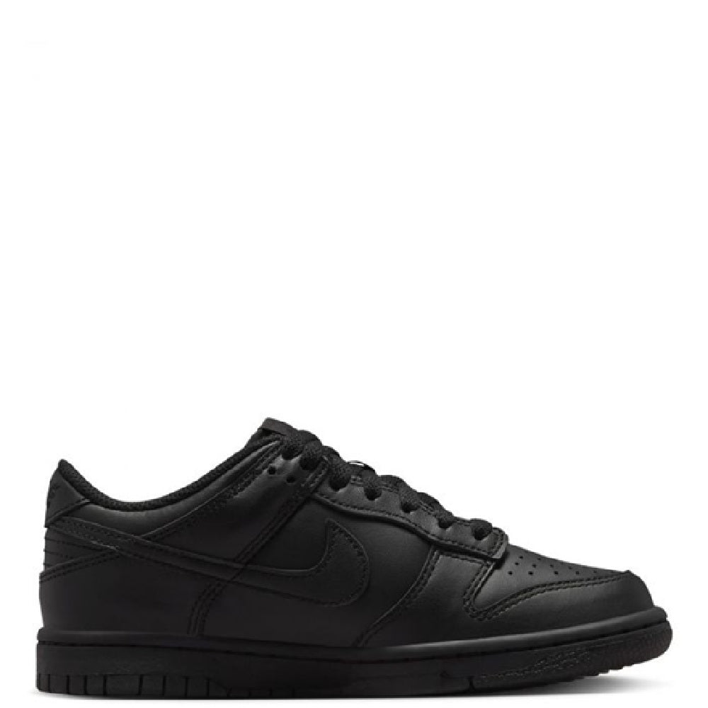 Nike Dunk Low black leather sneakers with swoosh detail and lace-up front.