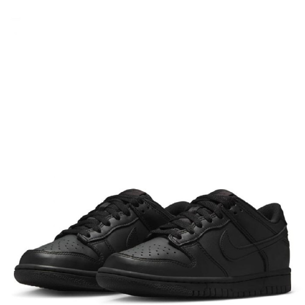 Pair of Nike Dunk Low black sneakers shown from front angle with lace-up tops.