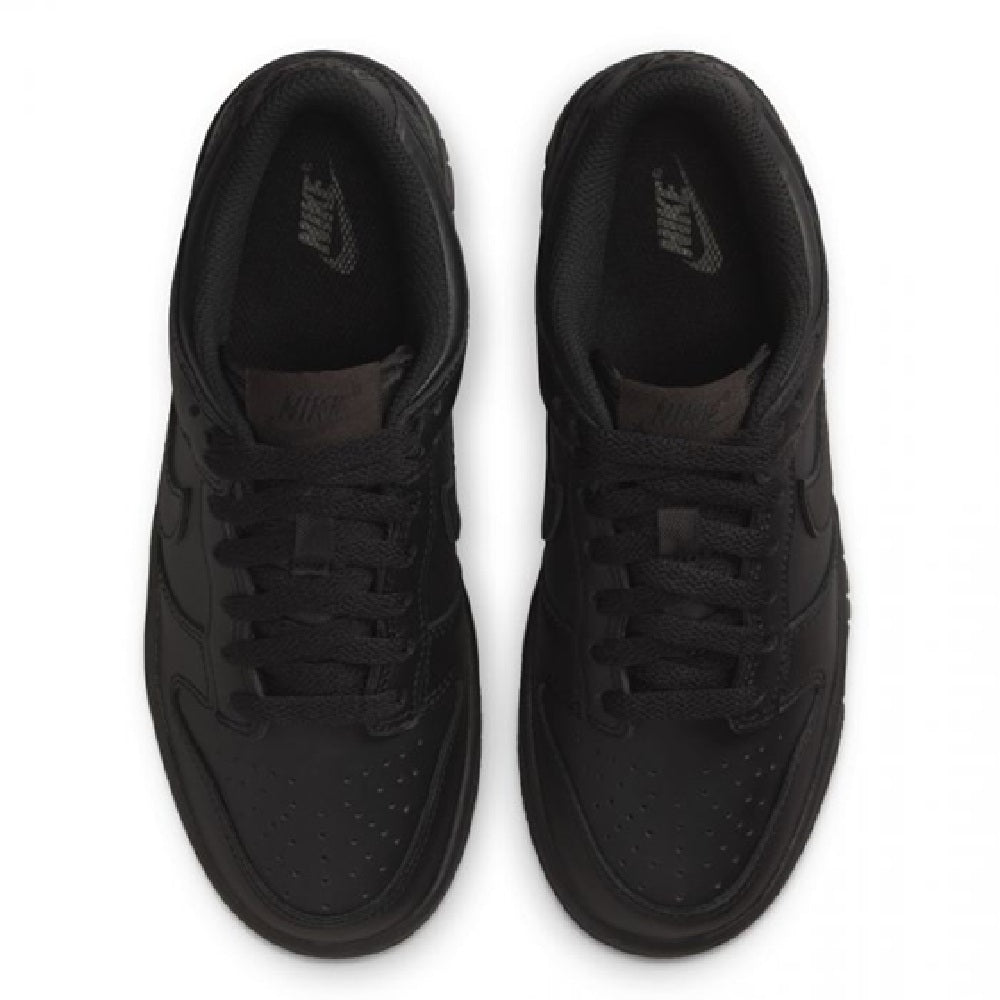 Nike Dunk Low black sneakers with lace-up front and textured toe perforations.