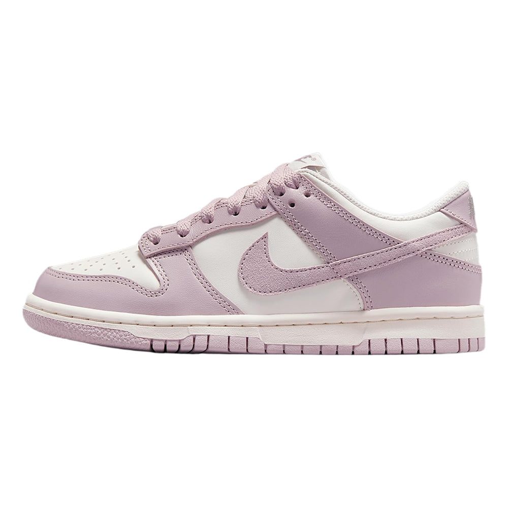 Big kid's Nike Dunk Low low-top sneakers, sail with particle rose, lace-up.