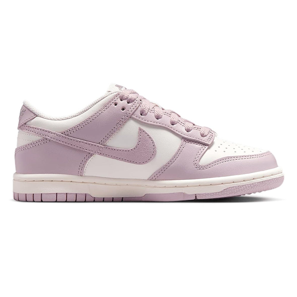 Big kid's Nike Dunk Low sneakers, sail base with rose Nike swoosh, lace-up.
