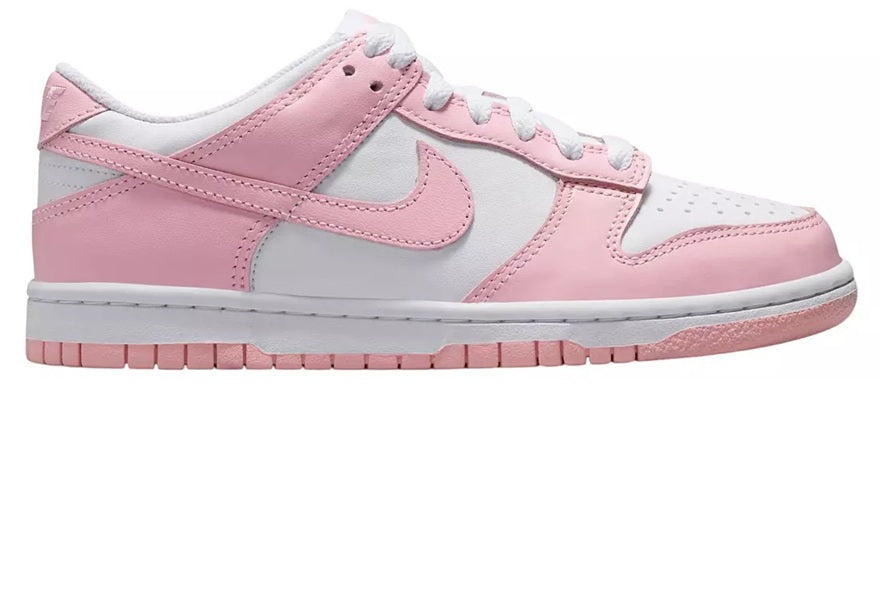 Big kids Nike Dunk Low low-top sneakers in white and soft pink, lace-up with swoosh