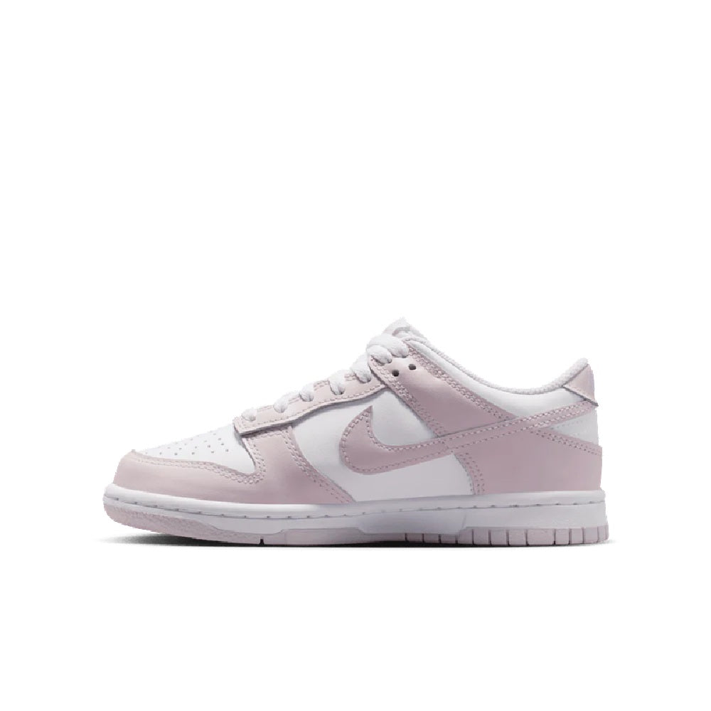 Kids' Nike Dunk Low low-top sneakers, white leather with light violet overlays and swoosh