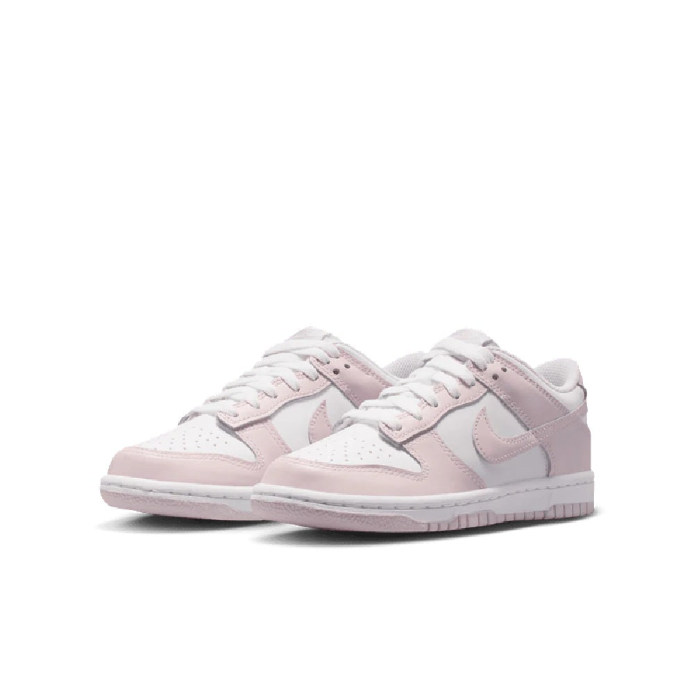 Kids' Nike Dunk Low sneakers, white base with light violet panels and lace-up front