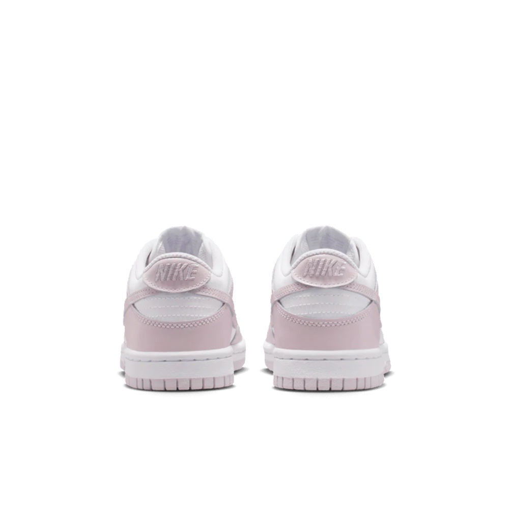 Kids' Nike Dunk Low sneakers, rear heel with Nike logo, white with light violet accents