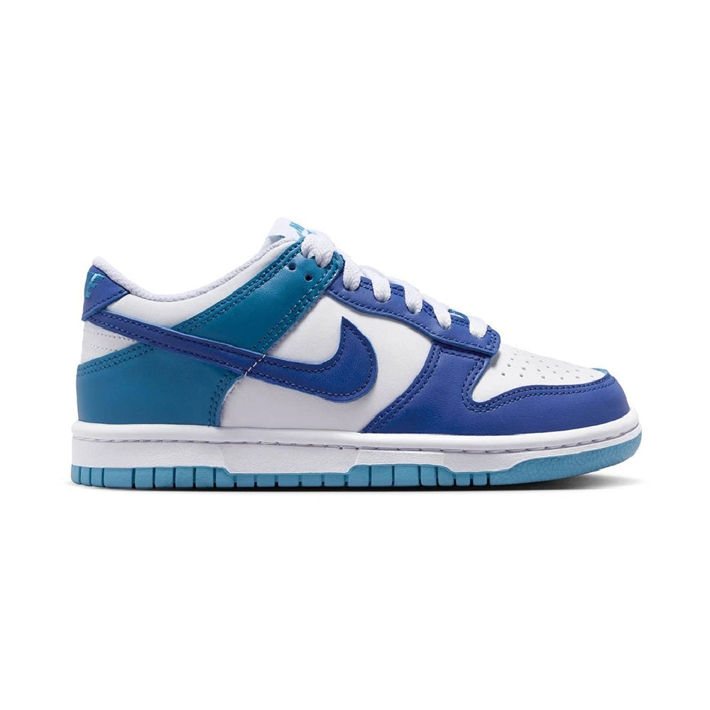 Low-top lace-up sneakers in white with blue and teal panels, Nike swoosh on side