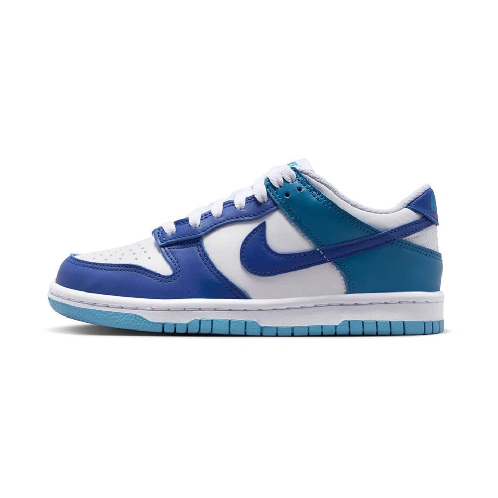 Low-top lace-up sneaker angled view, white base with blue and teal swoosh accents