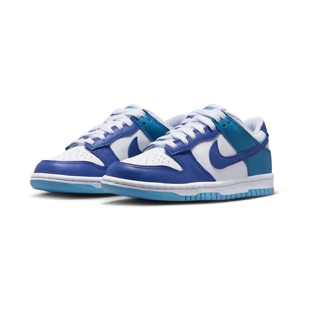 Pair of low-top sneakers, white leather with navy and teal swooshes and lace-up fronts