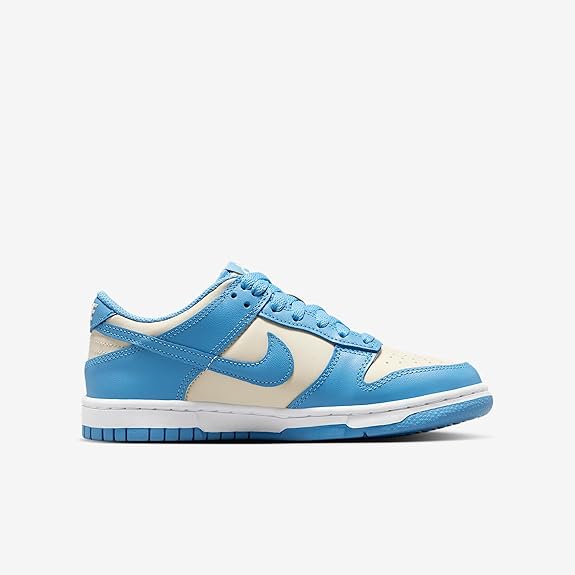 Kids' Nike Dunk Low sneaker, side view, bright blue upper with cream accents