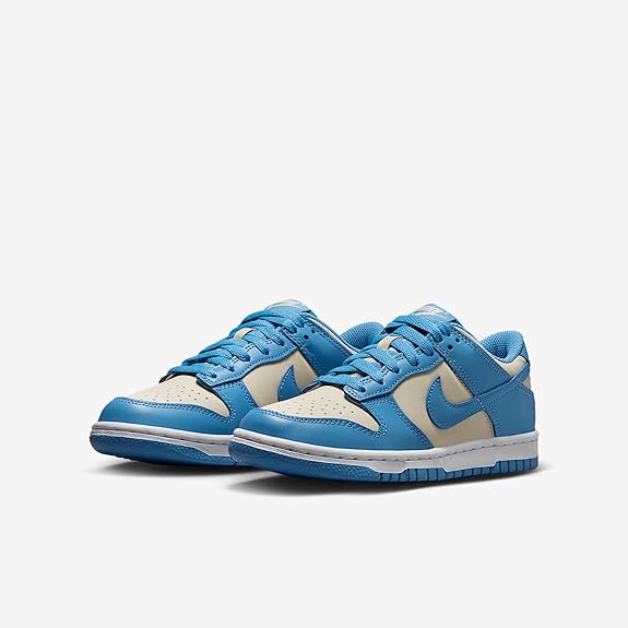 Kids' Nike Dunk Low sneakers, front view, blue laces with cream toe panels