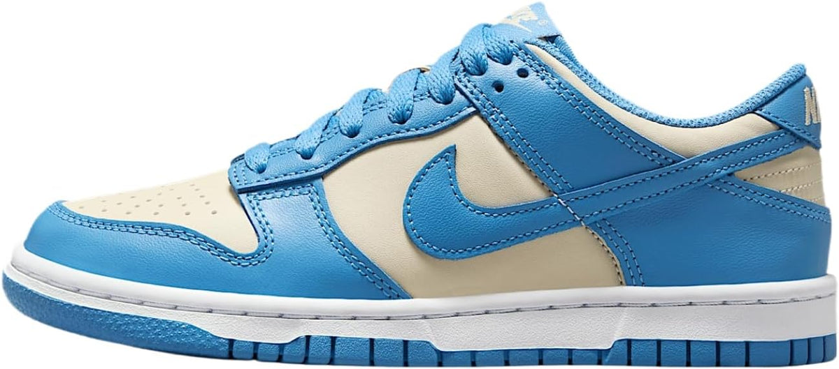 Kids' Nike Dunk Low sneaker in bright blue with cream panels, lace-up