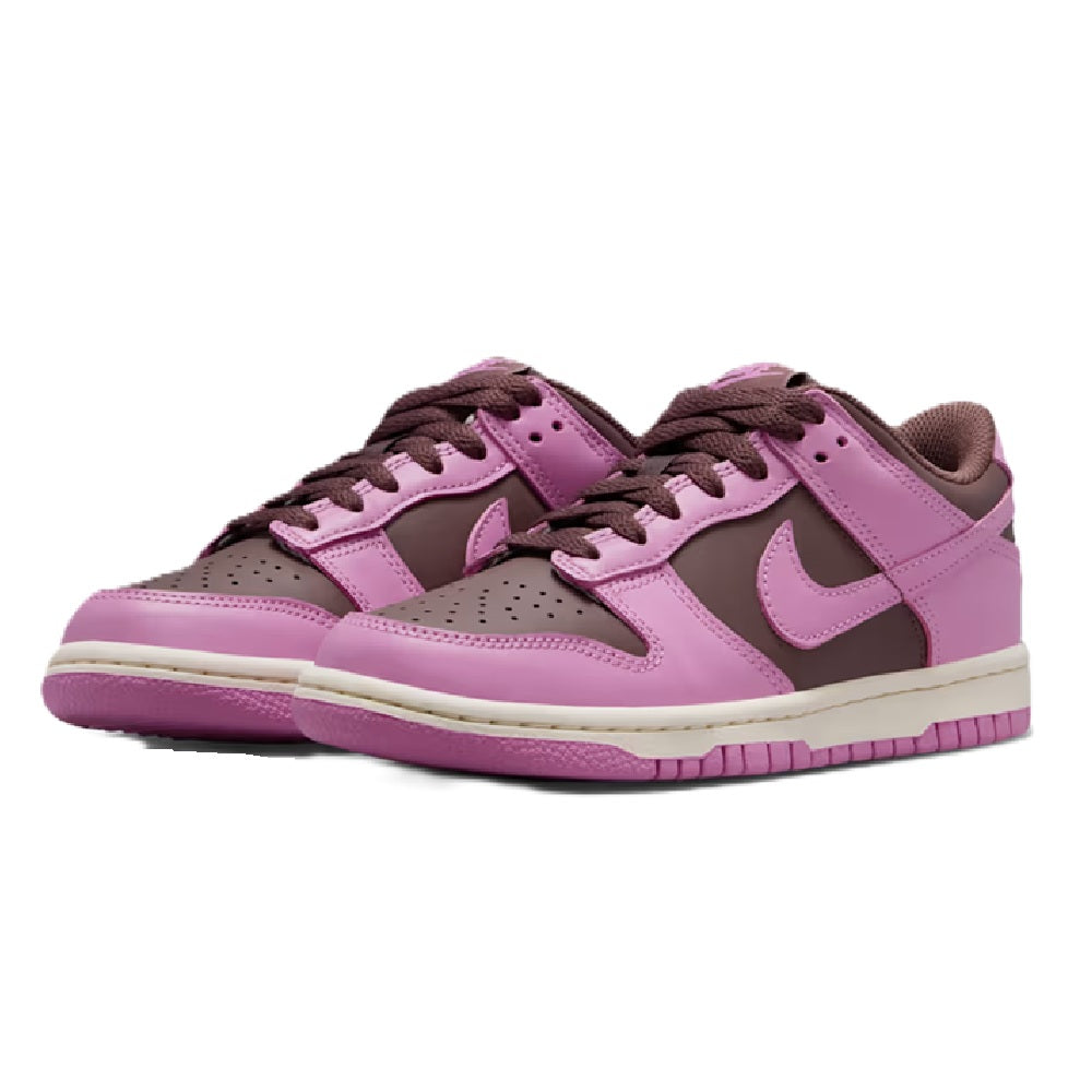 Kids Nike Dunk Low sneakers, light magenta uppers with taupe Swooshes and lace-up design