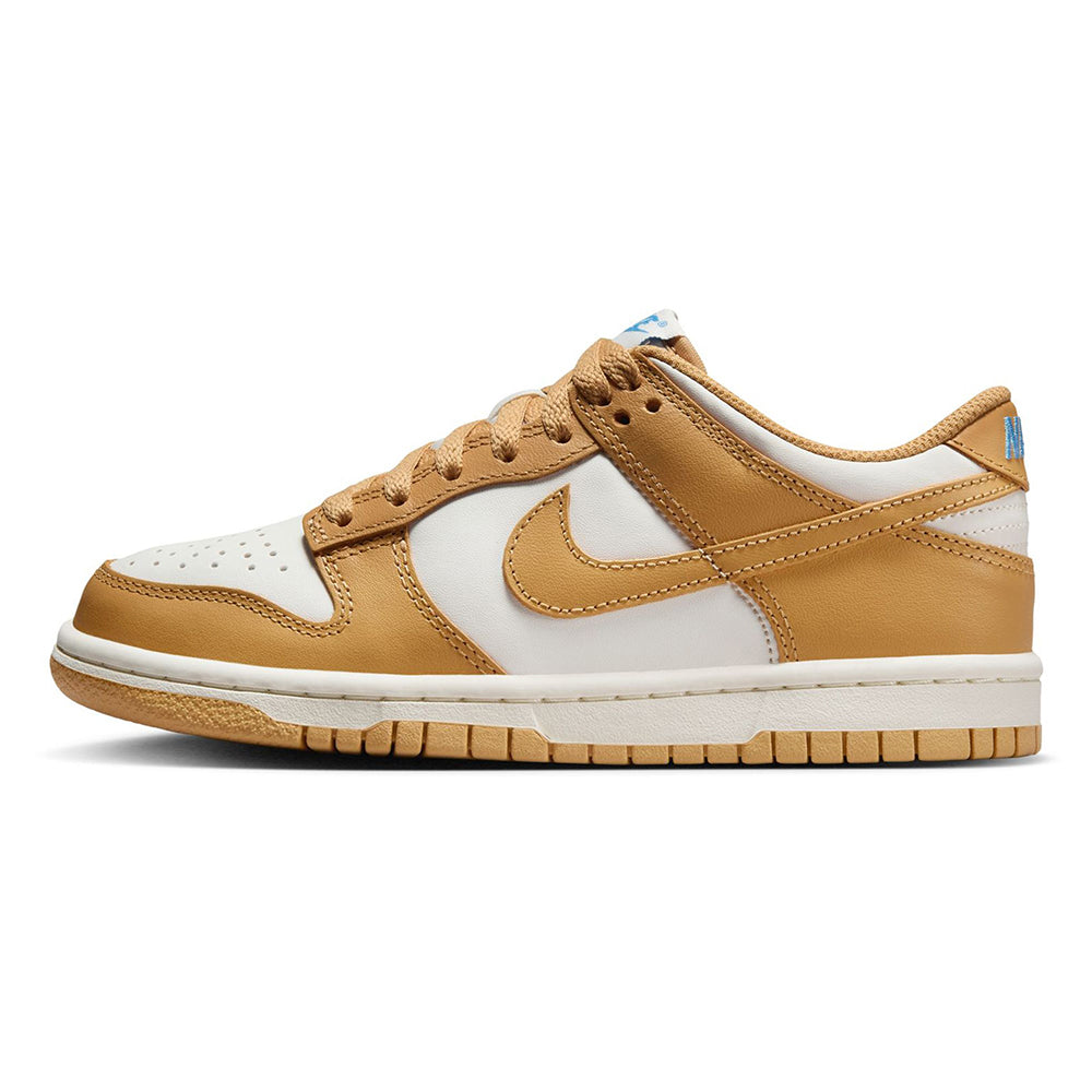 Kids' Nike Dunk Low low-top sneakers in tan and white with gold swoosh