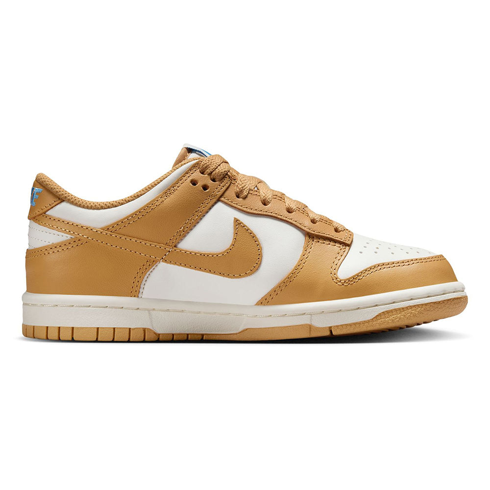 Kids' Nike Dunk Low low-top sneakers, tan and white leather with cupped swoosh