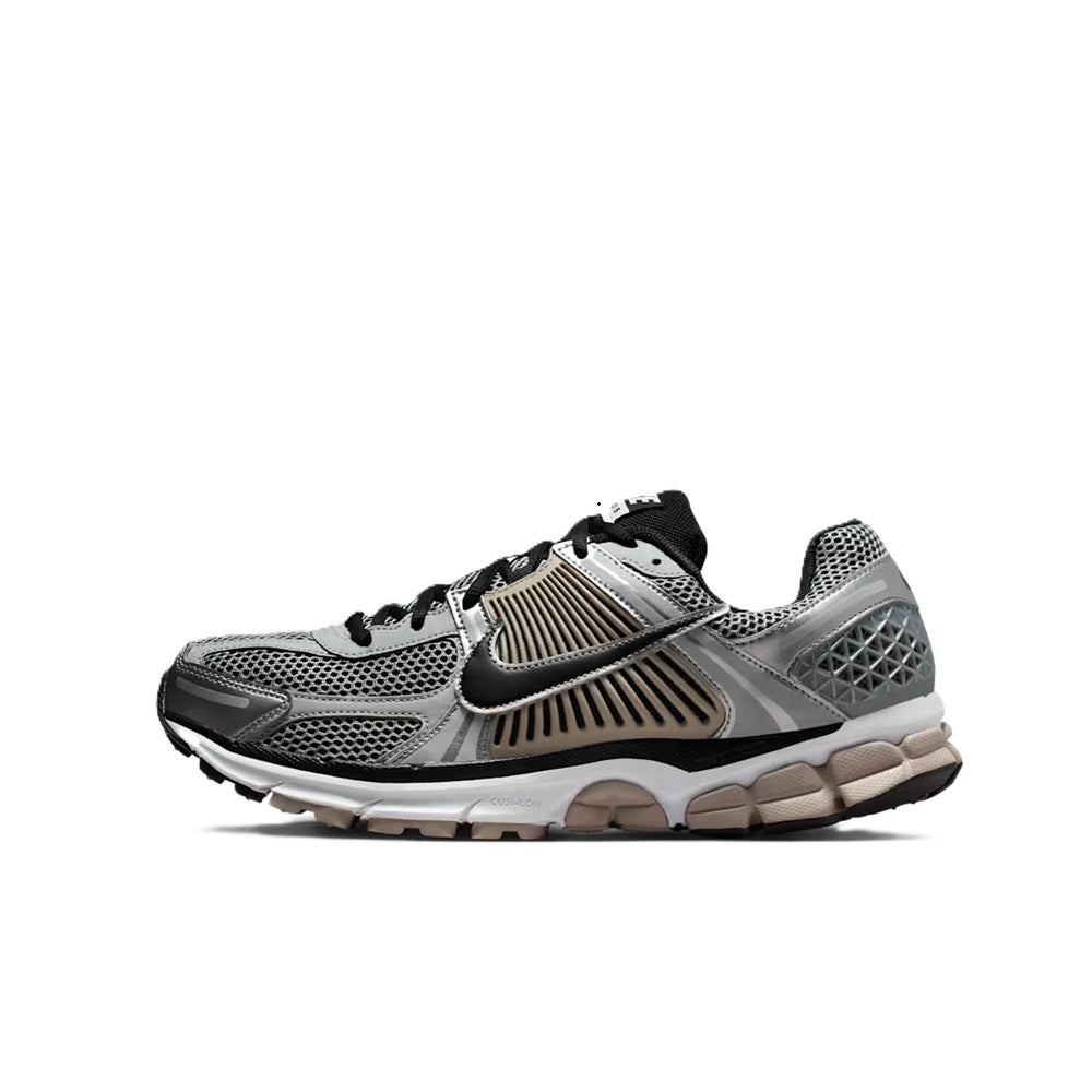 Men's Nike Zoom Vomero 5 running shoes in grey, black, and stone with mesh upper