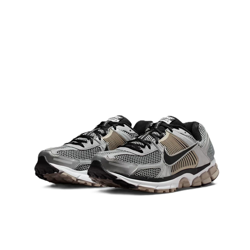 Men's Nike Zoom Vomero 5 front and side view, grey mesh with black and stone details