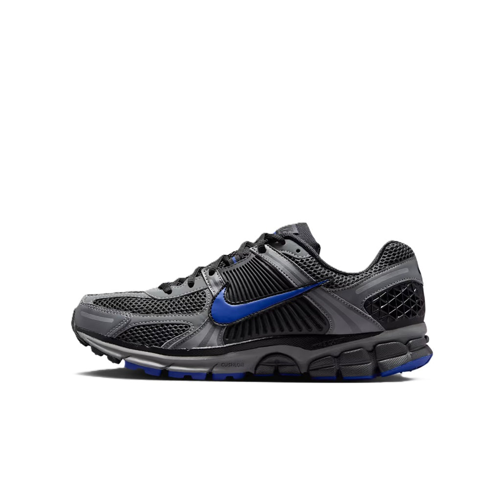 Men's Nike Zoom Vomero 5 running shoe, side view in dark gray with royal blue