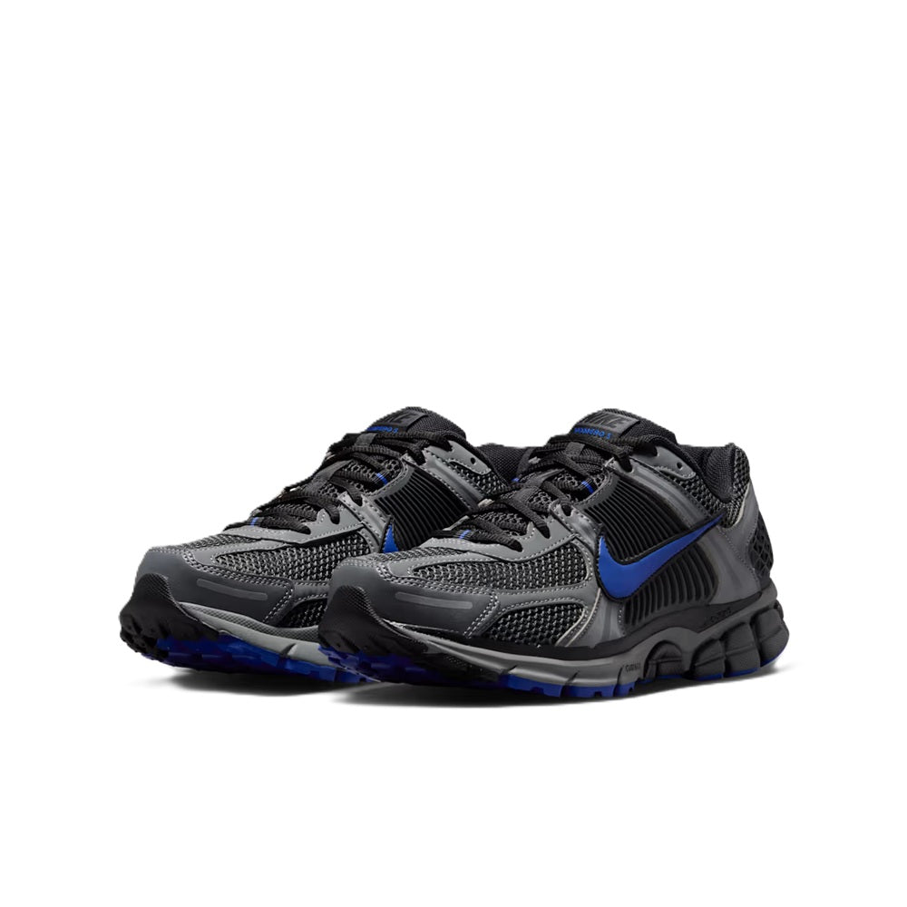 Men's Nike Zoom Vomero 5 running shoes, two-tone dark gray and royal blue, laced