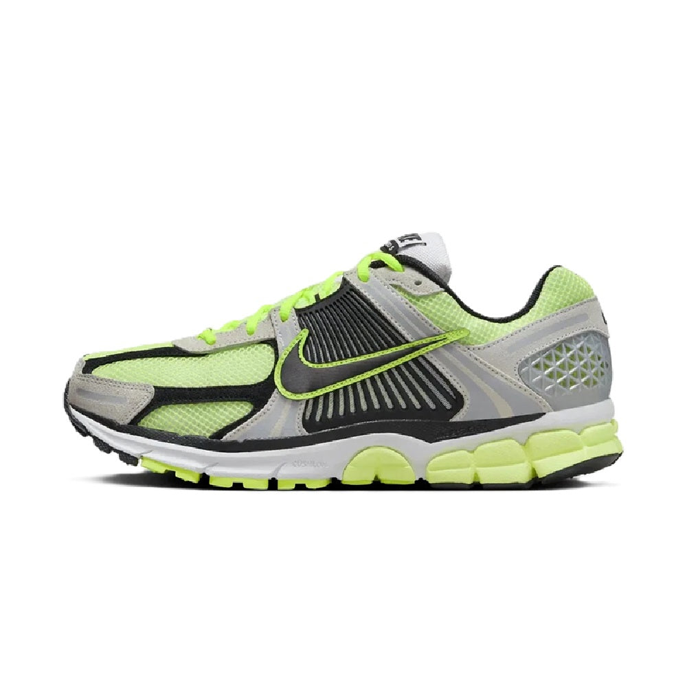 Men's running shoes: lime green, black, and gray uppers with swoosh and lace-up