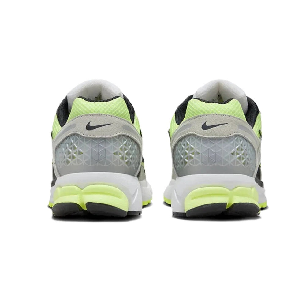 Men's running shoes back view: gray heel, black collar, lime accents