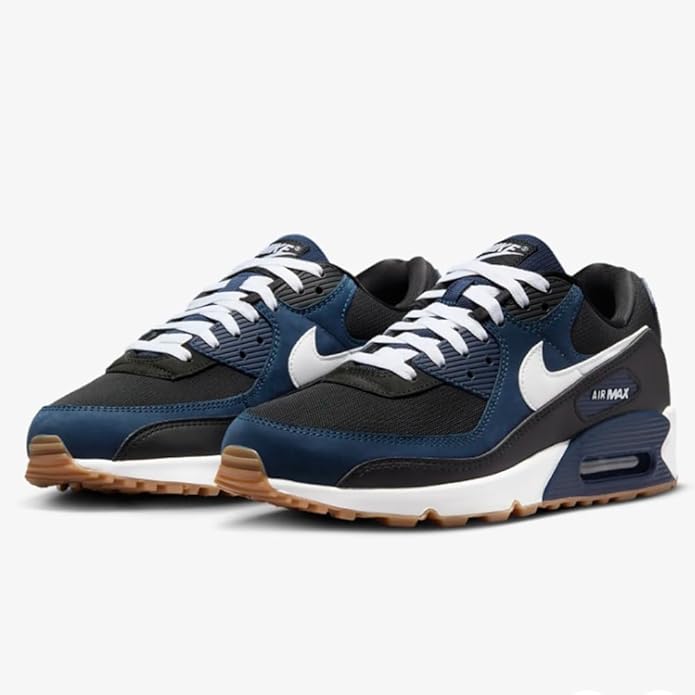 Nike Air Max sneakers, pair view, blue mesh with white swoosh and black panels