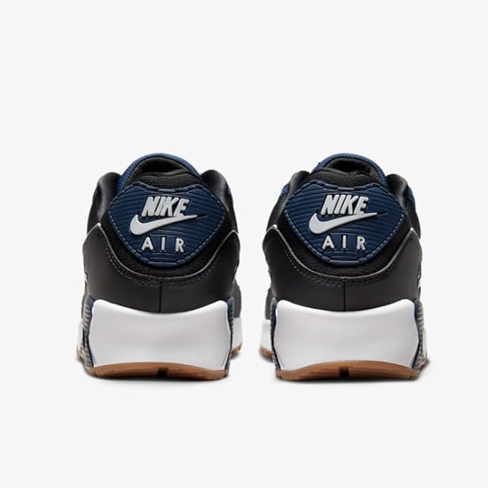 Nike Air Max sneakers heel view, black uppers with navy accents and Air branding