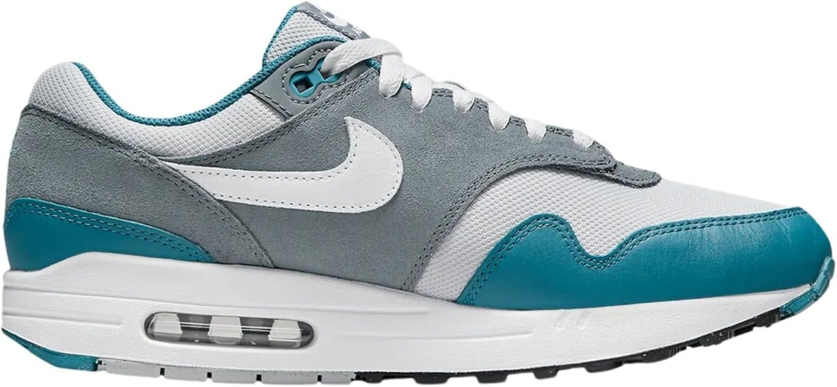 Nike Air Max 1 SC sneaker side view, teal and gray with white swoosh