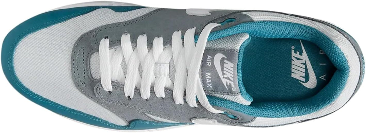 Nike Air Max 1 SC sneaker toe and laces in teal, gray, and white