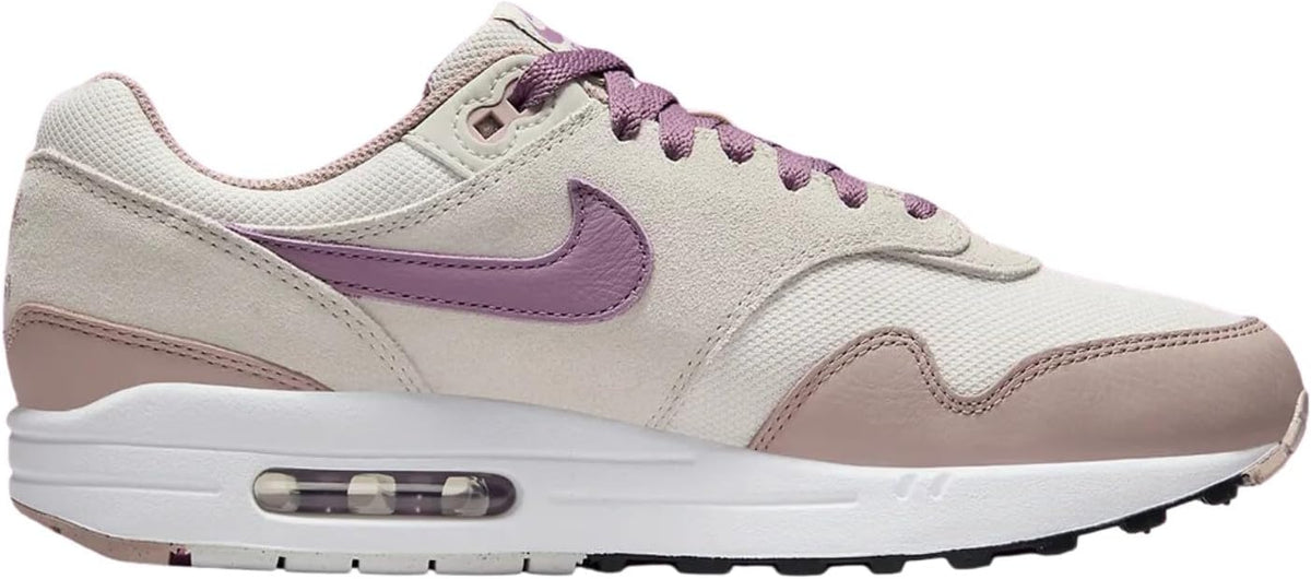 Nike Air Max 1 SC side view sneakers, light bone with violet swoosh and pink overlays
