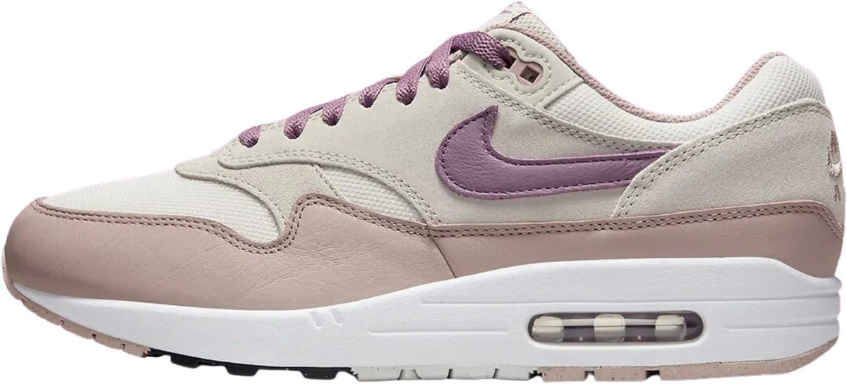 Nike Air Max 1 SC lace-up sneakers, light bone with violet swoosh and air unit