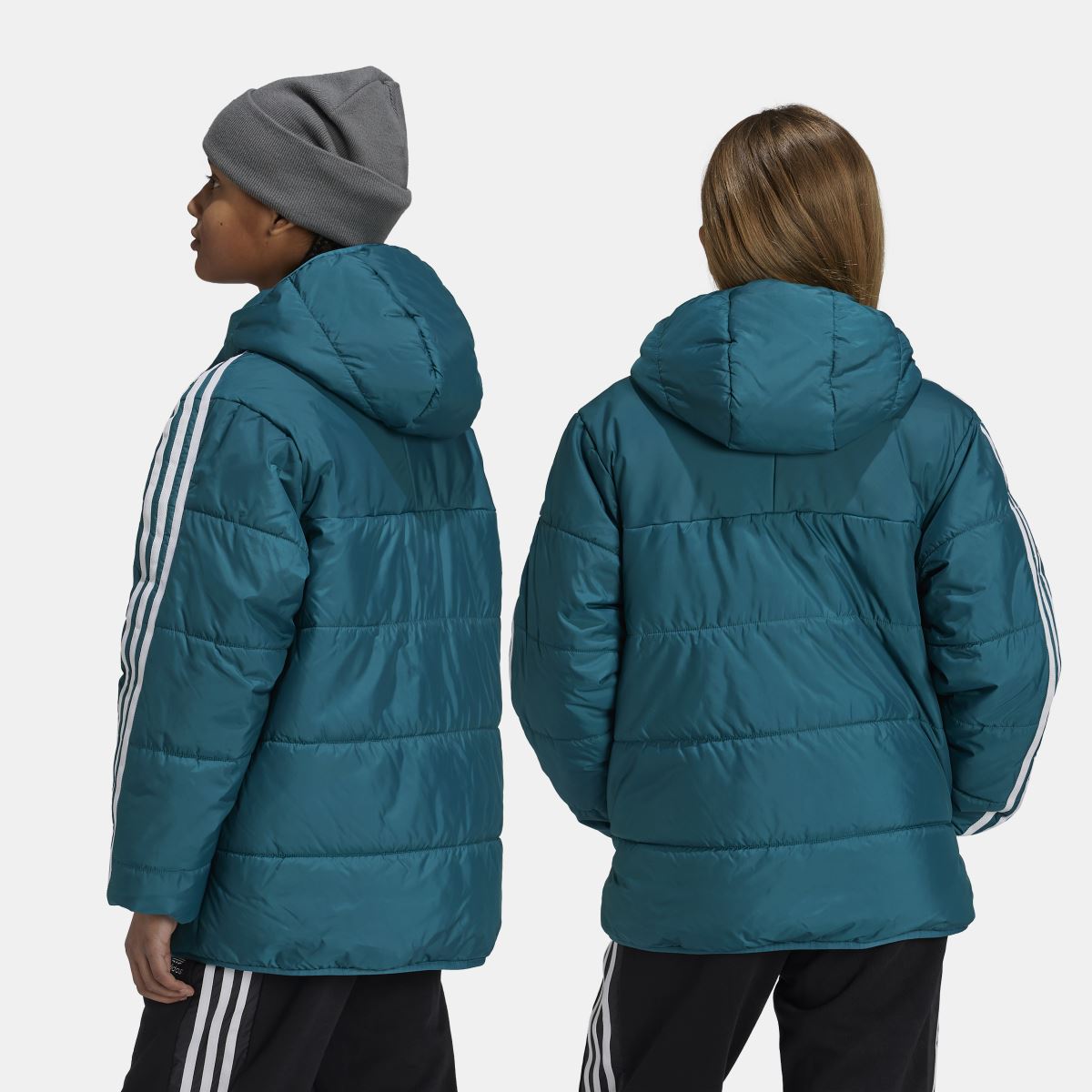 Kids adidas teal padded hooded jacket, back view with white stripe panel accents