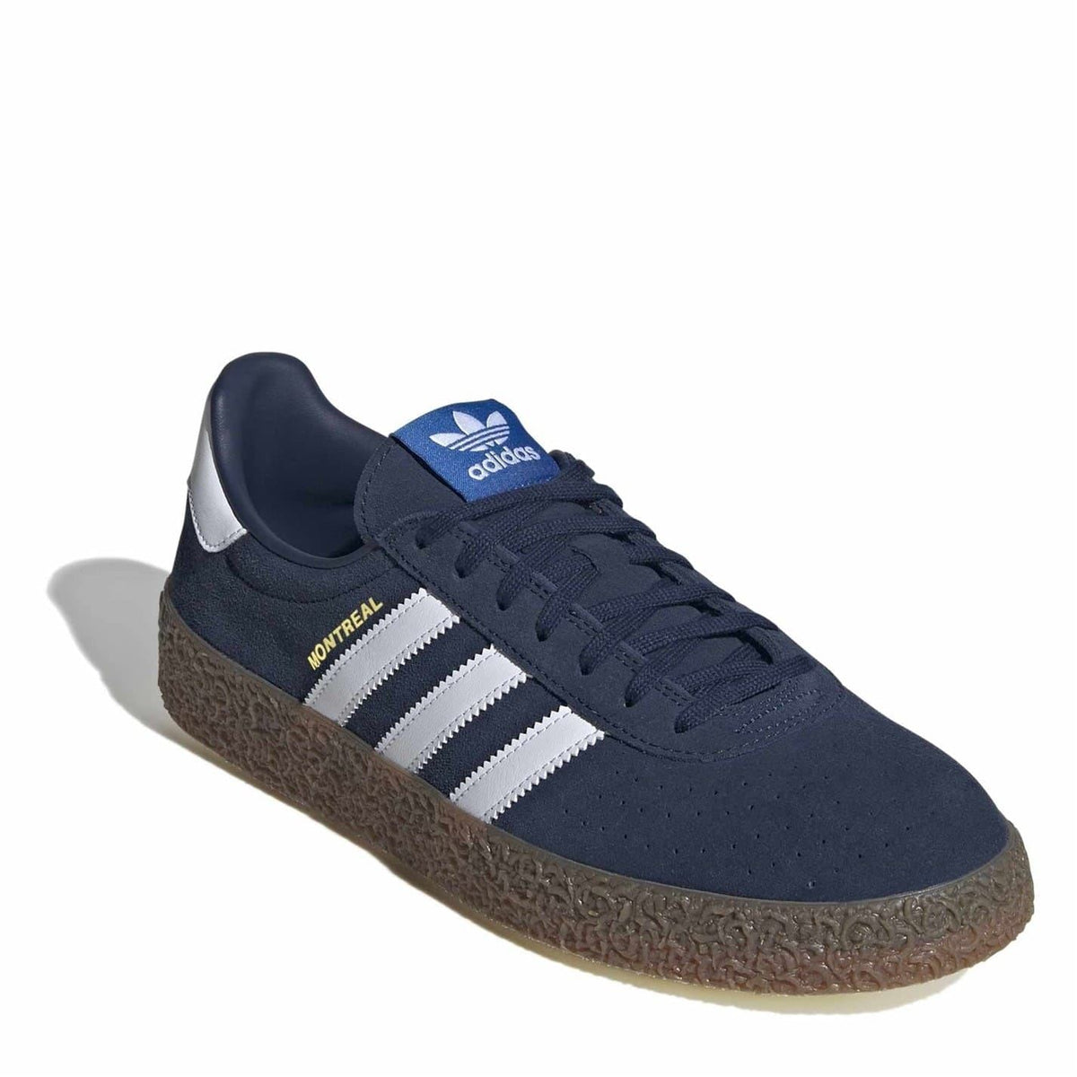adidas Montreal trainers navy suede with blue tongue tab, three stripes, and gum sole