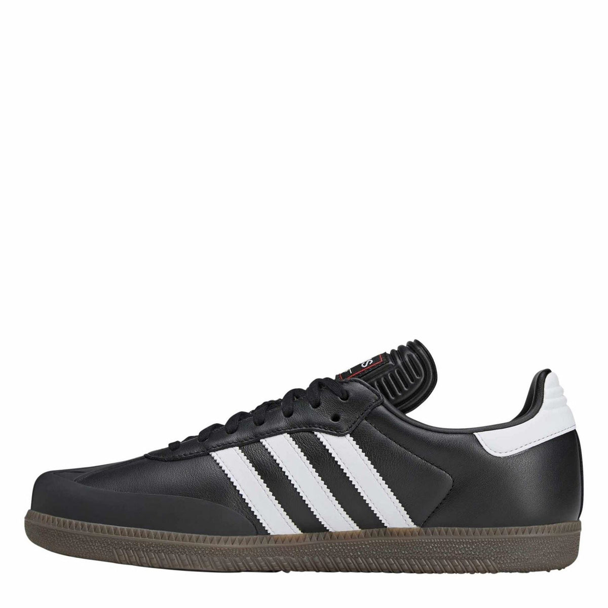 Black low-top sneakers with white side stripes, lace-up front, and white heel panel