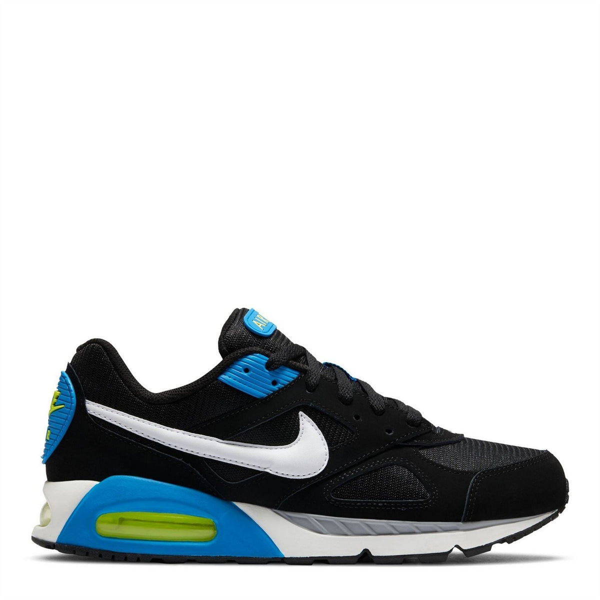 Black Nike Air Max Ivo trainers with white swoosh, blue upper, and neon accents