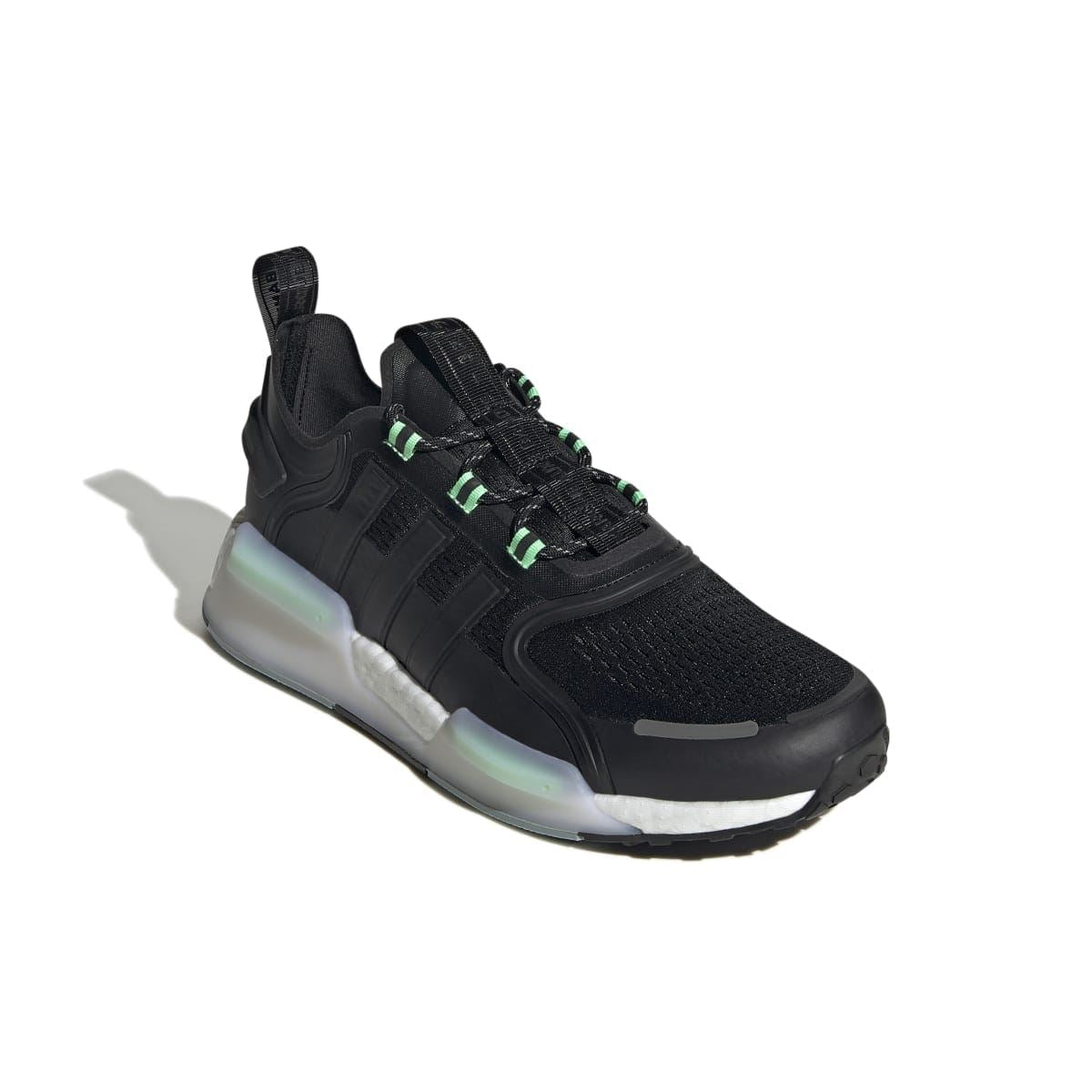 Black NMD_V3 trainers 3/4 view with green laces and white translucent sole