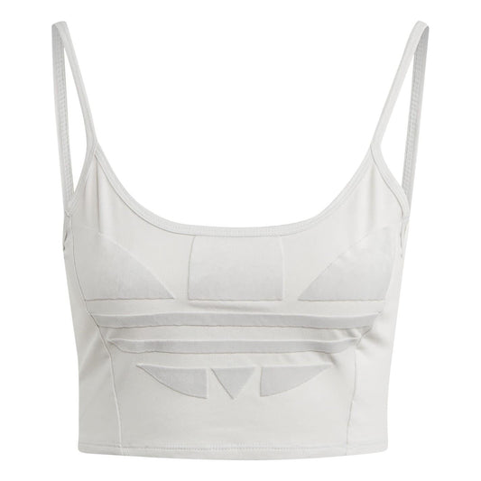 Cropped sports bra with thin straps and panel seams, white
